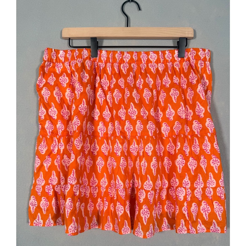 J‎ Crew Orange Pink Block Print Tiered Cotton Mini Skirt Waist Boho Ruffle S
